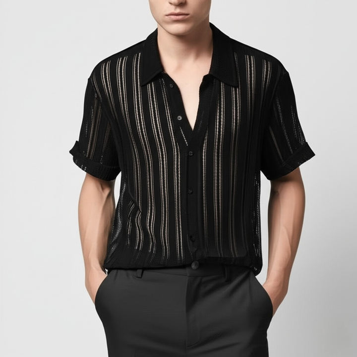 White men's smart casual knit polo. Breathable vertical stripe short sleeve summer top for men.