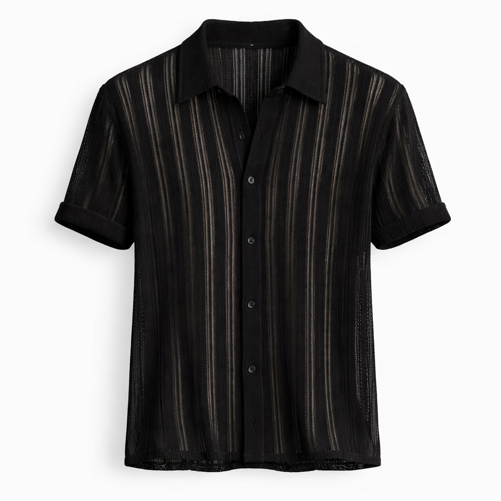 Close-up of the textured knit fabric and vertical stripes on a men's summer polo shirt. Breathable & stylish.