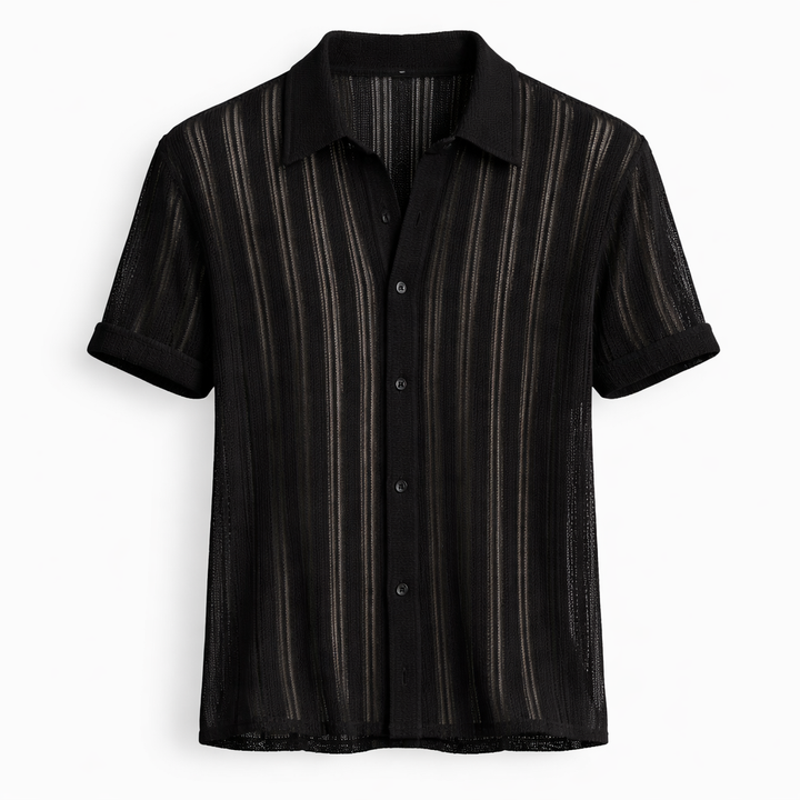 Close-up of the textured knit fabric and vertical stripes on a men's summer polo shirt. Breathable & stylish.