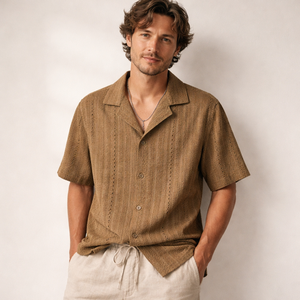 Men's textured open collar button-up shirt. Short sleeve, perfect for summer casual wear or holidays.