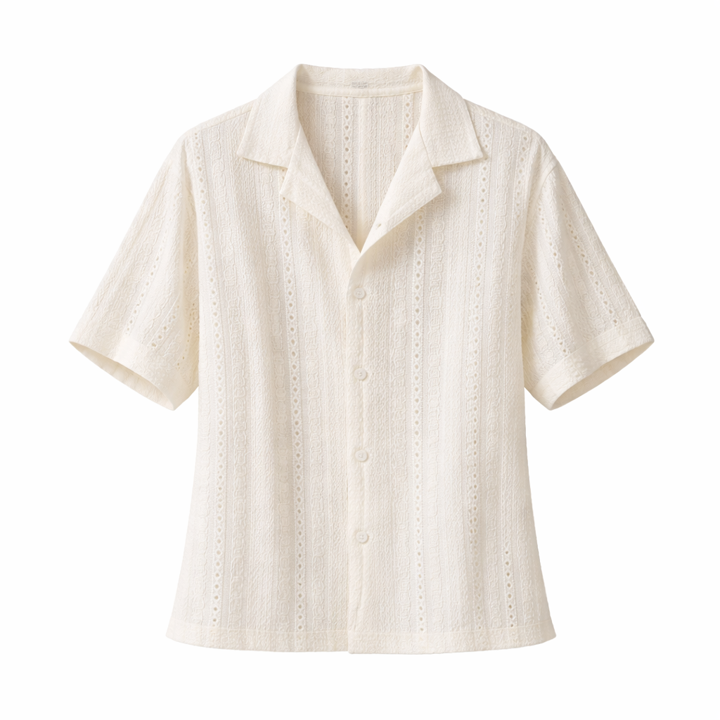 Relaxed fit men's short sleeve textured button top with an open collar, ideal for summer fashion.