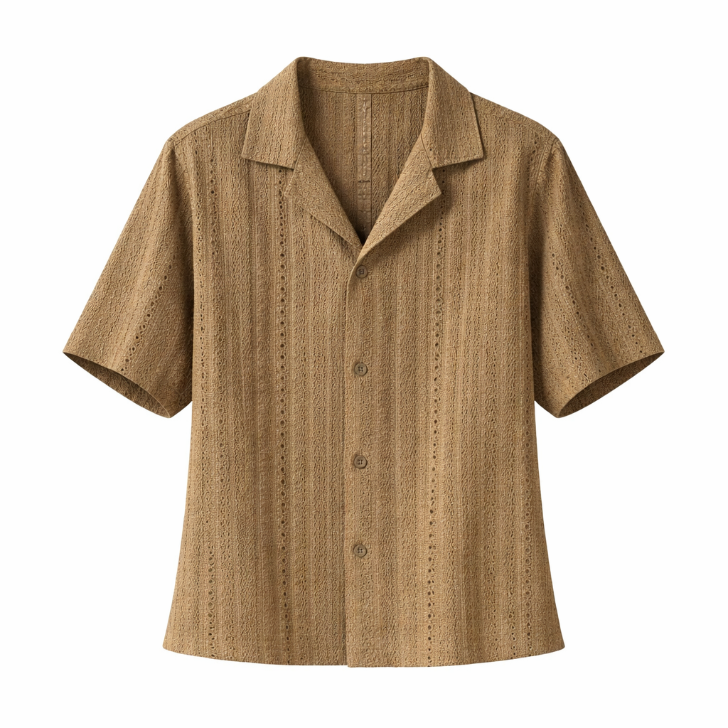 Textured short sleeve men's button top with open collar, a stylish and comfortable choice for summer holidays.