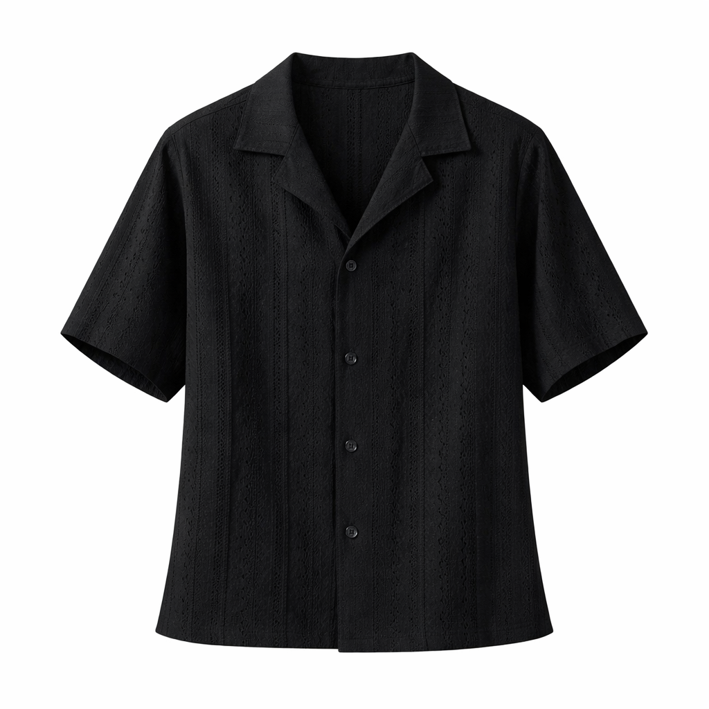 Casual men's textured open collar shirt, short sleeve button top for a relaxed summer look.