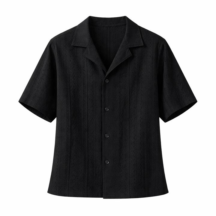 Casual men's textured open collar shirt, short sleeve button top for a relaxed summer look.