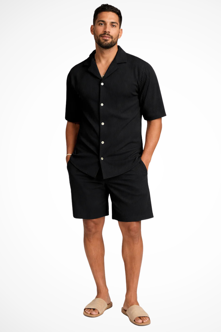 Men's textured short sleeve button-up shirt & shorts summer outfit set for effortless casual style.