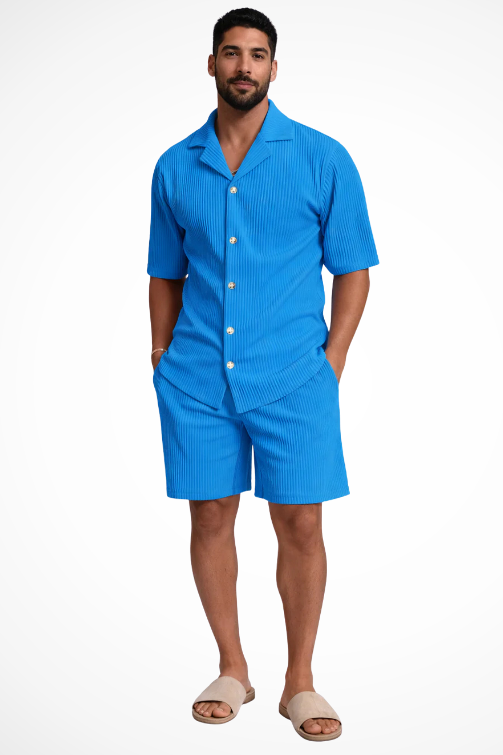 Stylish men's textured co-ord set: short sleeve shirt & shorts, perfect for beachwear & summer vacations.