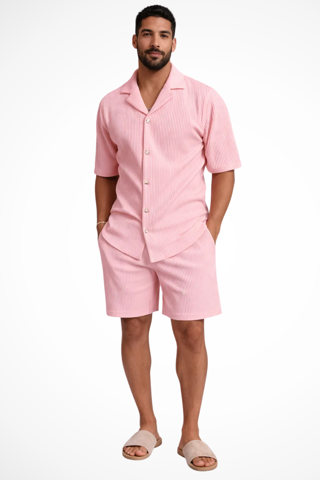 Men's casual two-piece summer outfit: textured button-up shirt and matching shorts for versatile style.