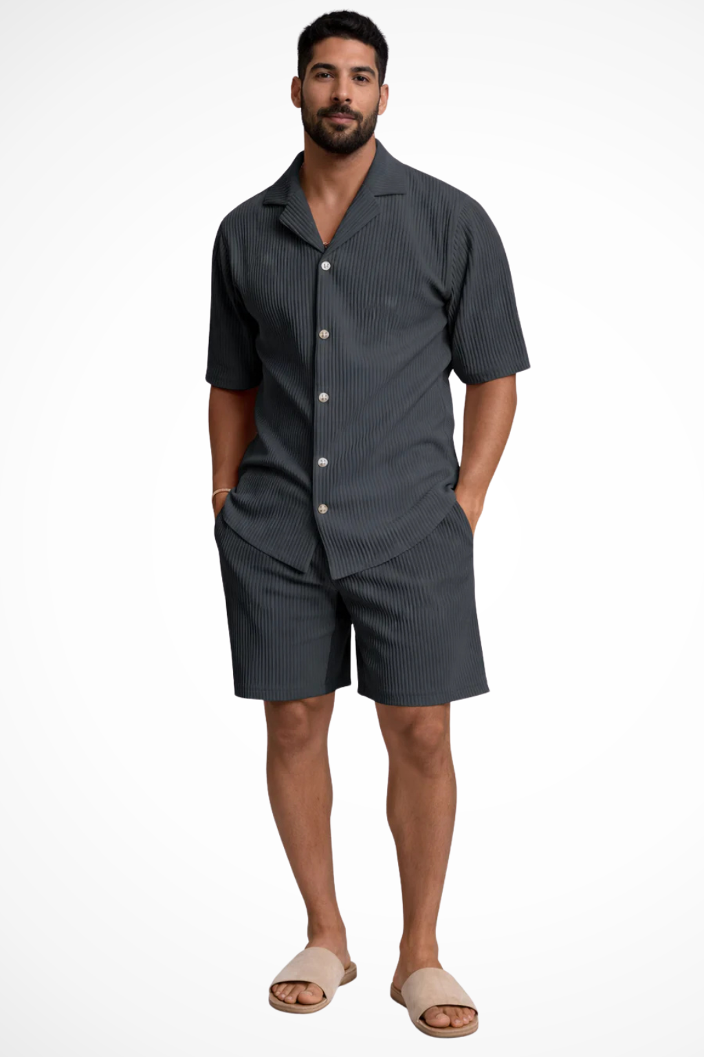 Trendy men's textured short sleeve shirt and shorts set, ideal for relaxed summer fashion & beach days.