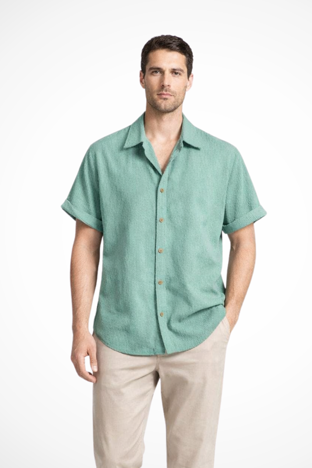 Relaxed fit men's textured shirt, short sleeve with camp collar, ideal for casual summer wear.