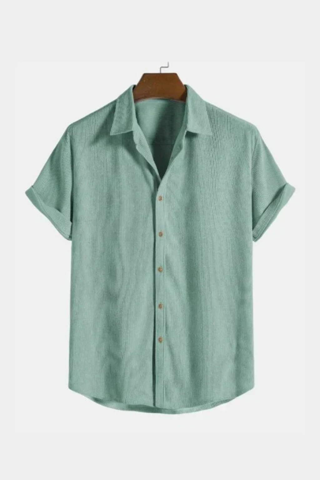 Front view of a men's casual textured short sleeve camp collar shirt, a stylish summer top.
