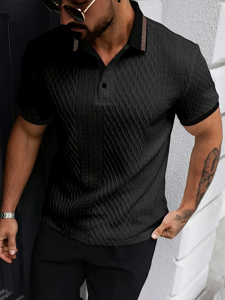 Men's textured slim fit polo shirt, perfect for smart casual summer style.