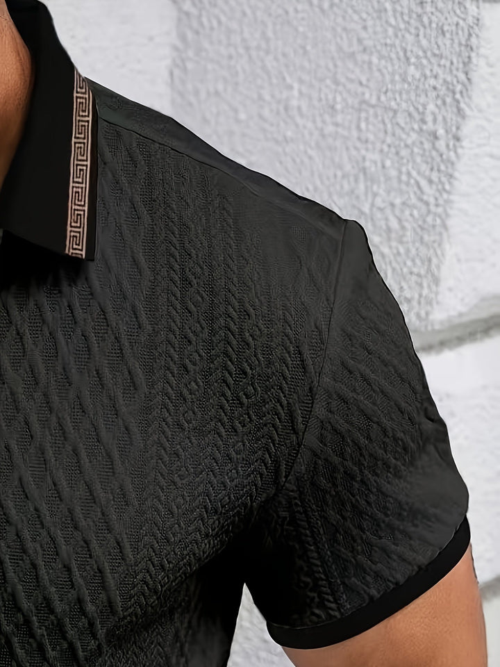 Stylish men's short sleeve textured polo, breathable and comfortable for everyday wear.