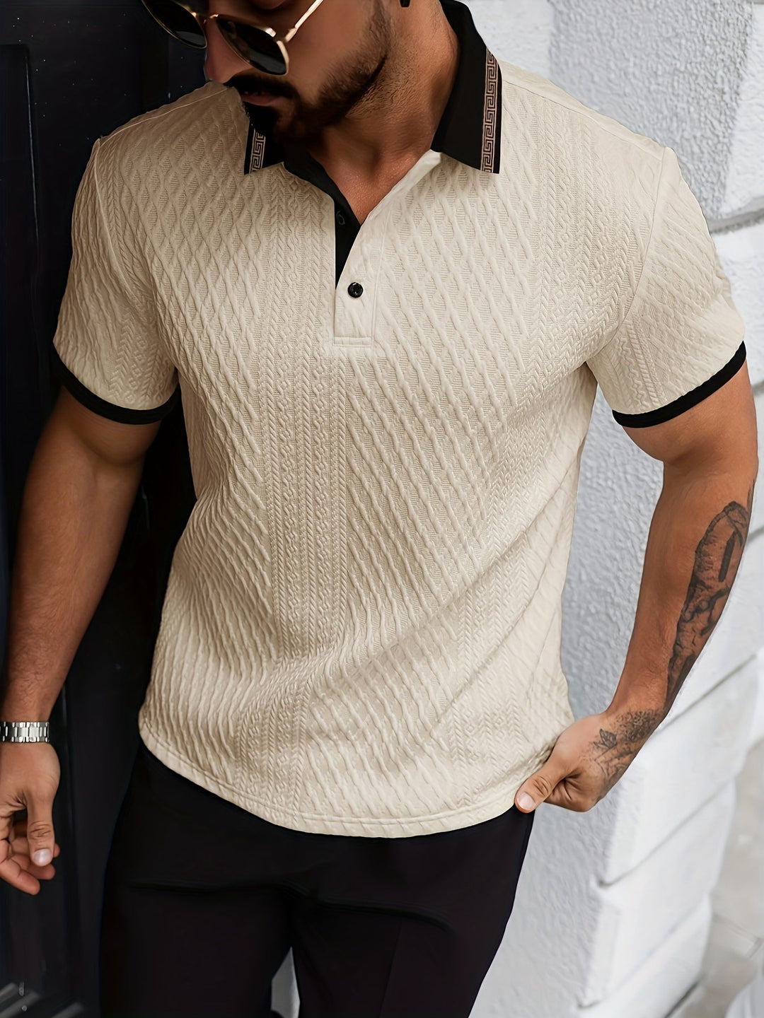 Versatile men's textured polo shirt, ideal for smart casual outfits & summer fashion.