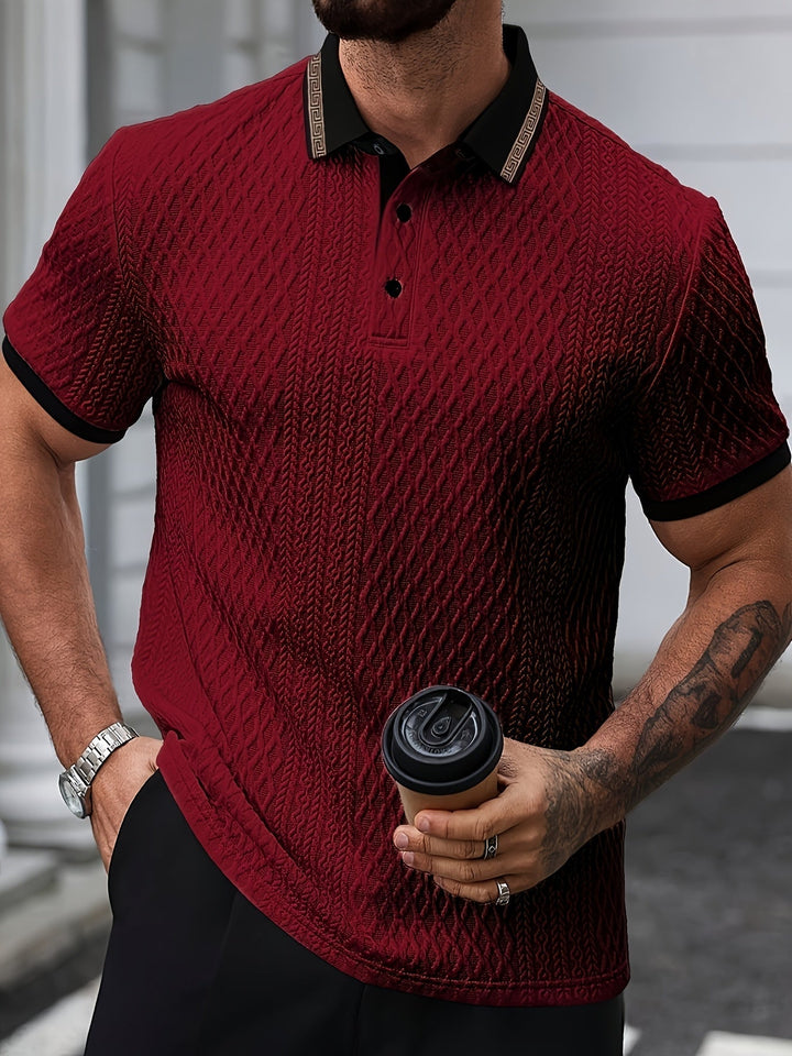 Modern men's slim fit textured polo, short sleeve, perfect for smart casual summer comfort.