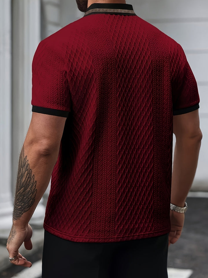 Man wearing a stylish slim fit textured polo shirt, ideal for smart casual summer fashion.