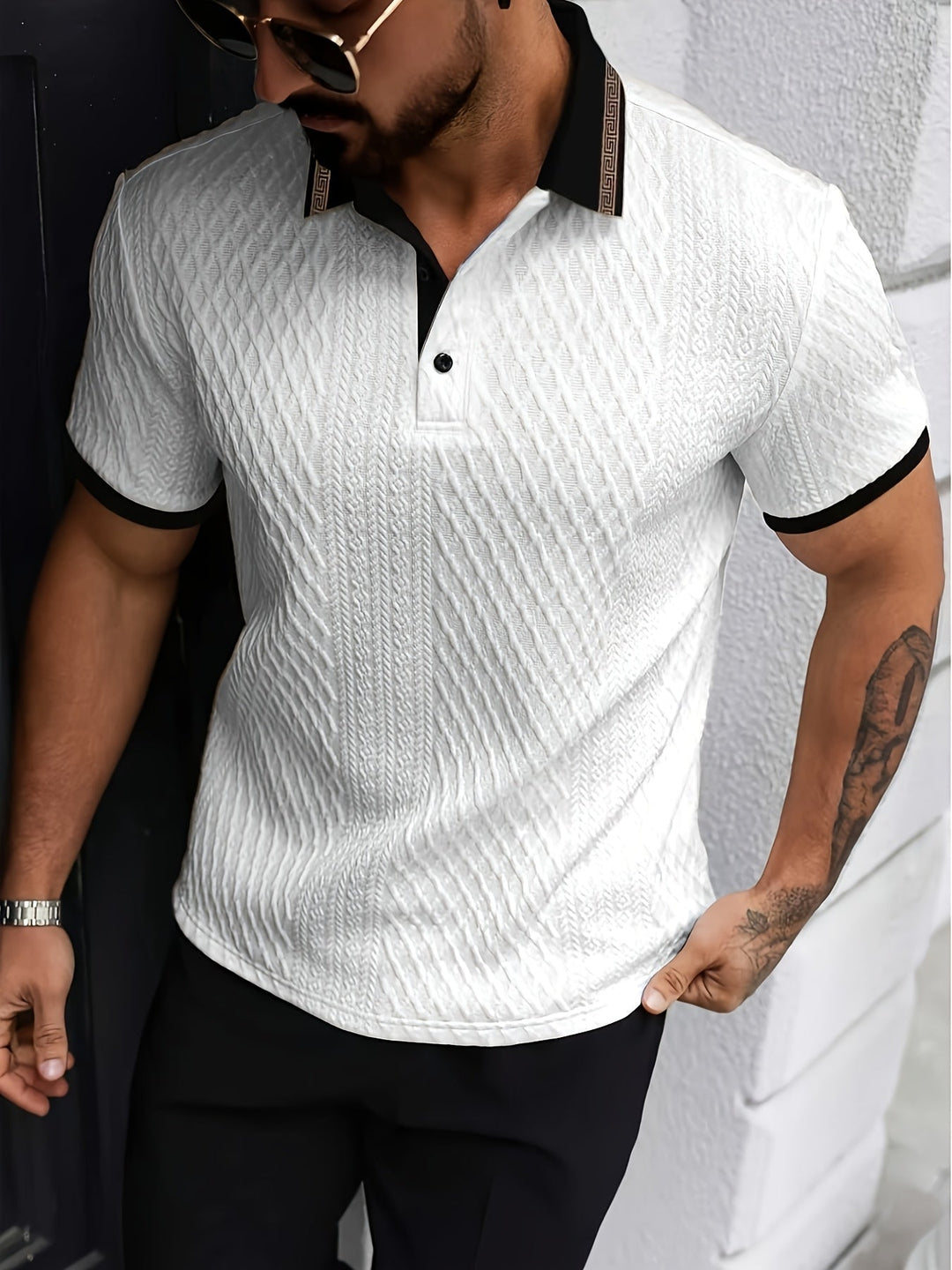 Men's textured polo top, a breathable short sleeve smart casual shirt for summer comfort.