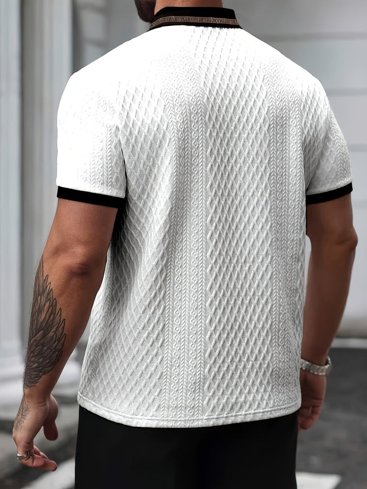 Stylish & versatile men's textured polo, slim fit and breathable for smart casual summer style.