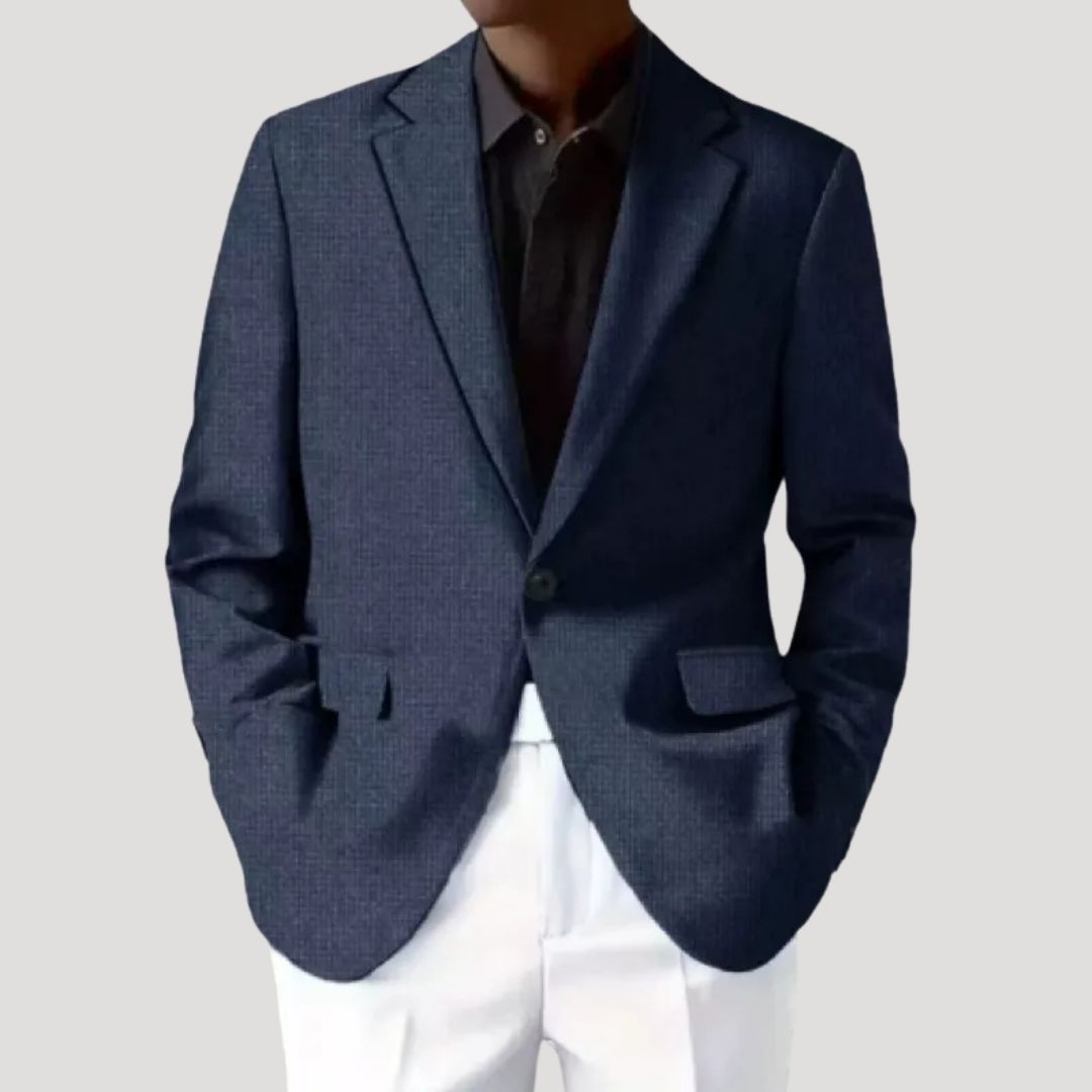 Front view of a men's smart casual blazer jacket, showcasing its modern design.