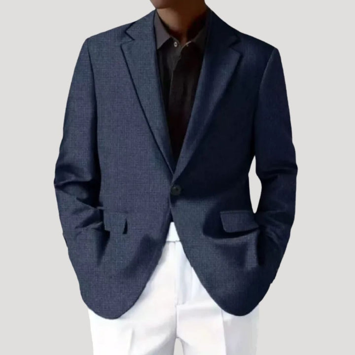Front view of a men's smart casual blazer jacket, showcasing its modern design.