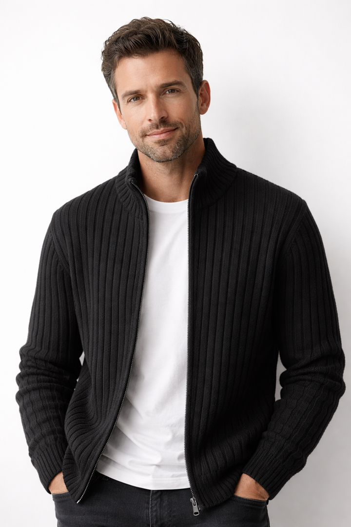 Men's textured zip cardigan in gray with a stylish stand collar for modern casual wear and versatile layering.