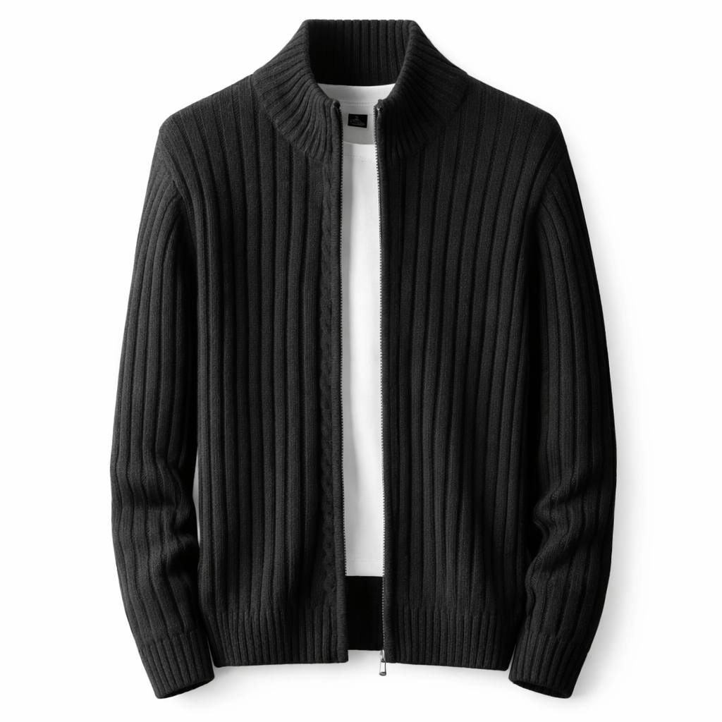 Comfortable men's zip cardigan, textured knit, featuring a stand collar for a smart casual and modern look.