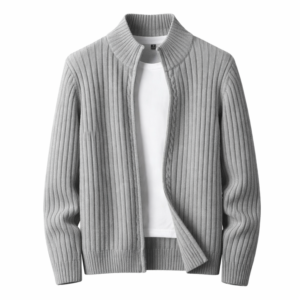 Warm, textured men's cardigan with full zip and stand collar, ideal for casual wear and easy layering.