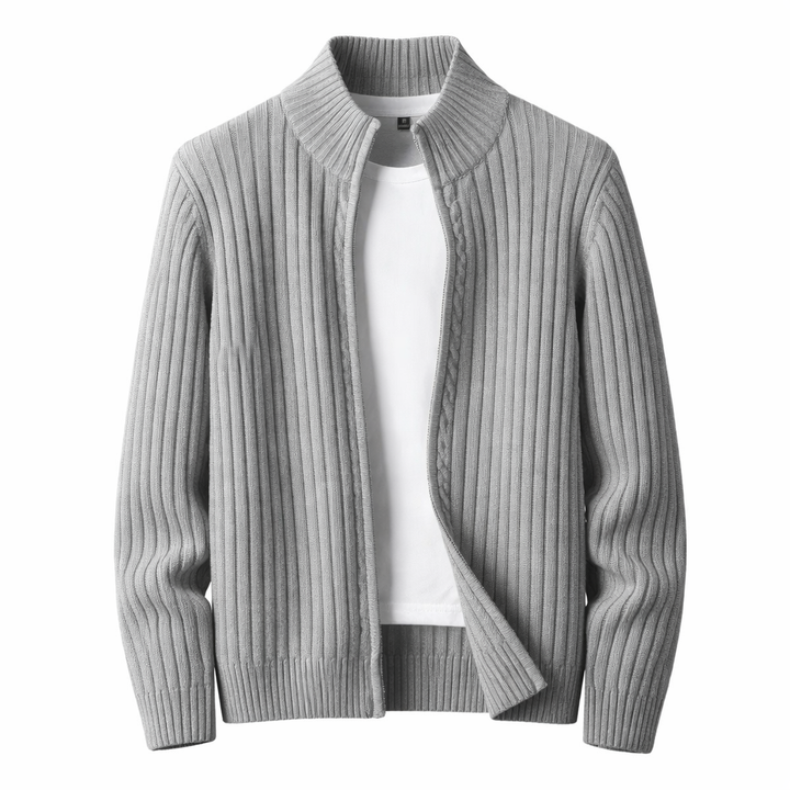 Warm, textured men's cardigan with full zip and stand collar, ideal for casual wear and easy layering.