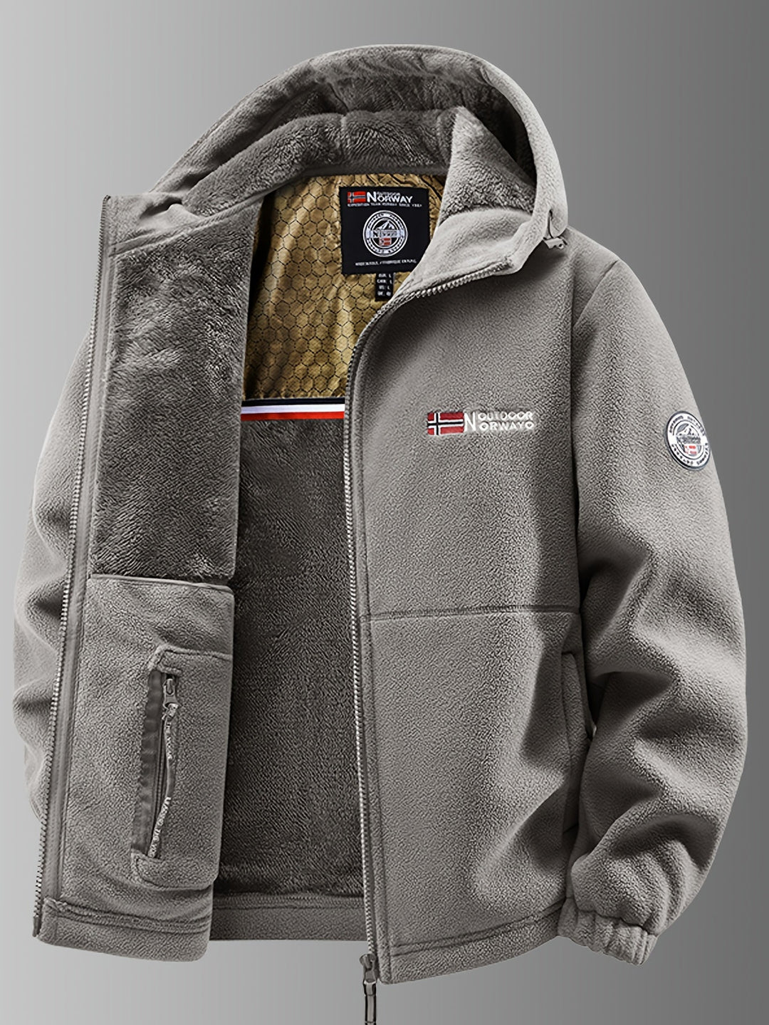 Close-up of the fleece lining and durable outer fabric of a men's thermal winter jacket