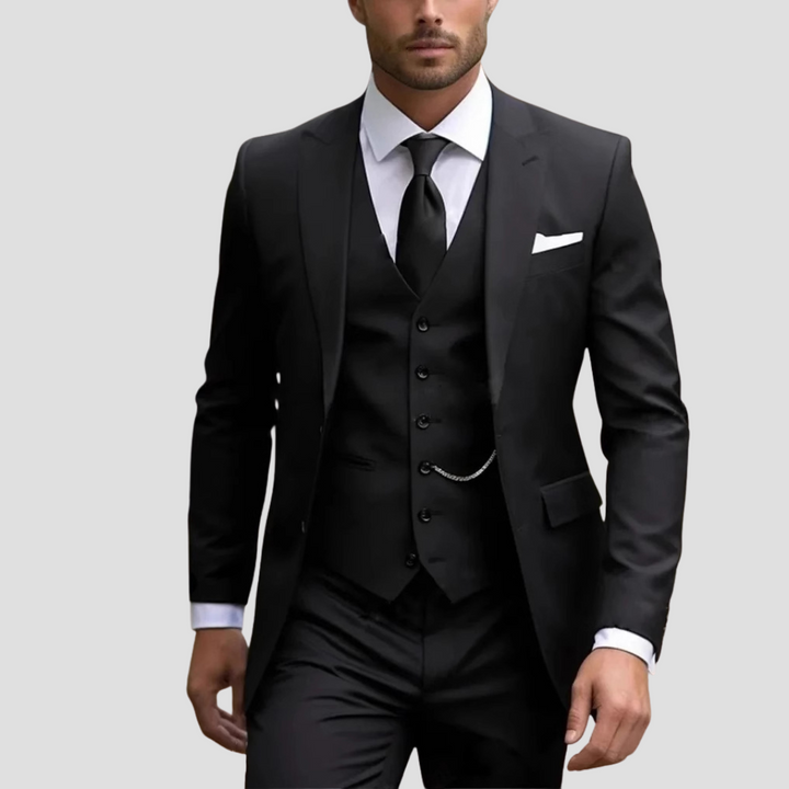 Men's three-piece slim fit tailored formal suit set. Perfect for weddings, business, and events.