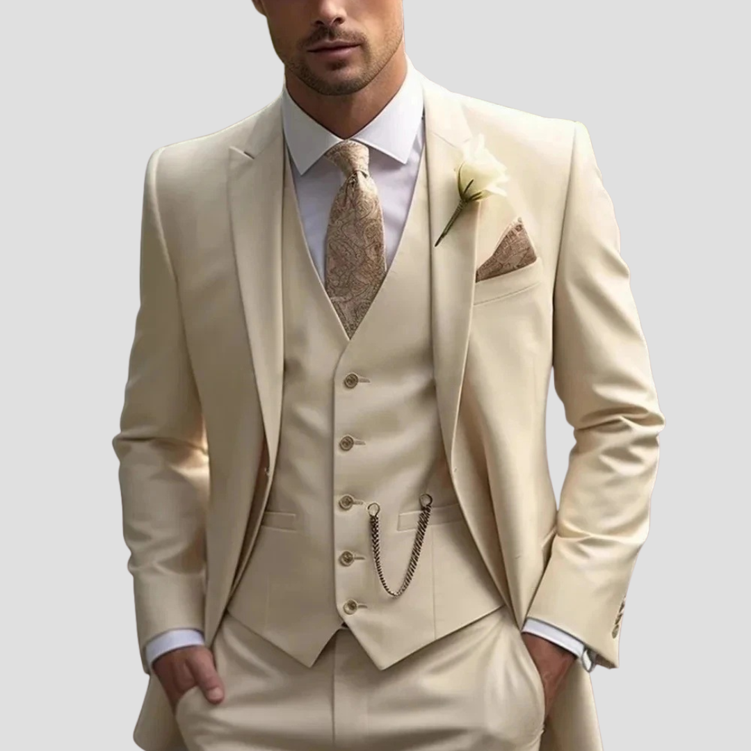 Wine red men's three-piece slim fit tailored suit. Ideal for weddings, proms, or standout formal events.