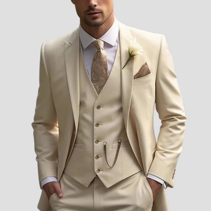 Wine red men's three-piece slim fit tailored suit. Ideal for weddings, proms, or standout formal events.
