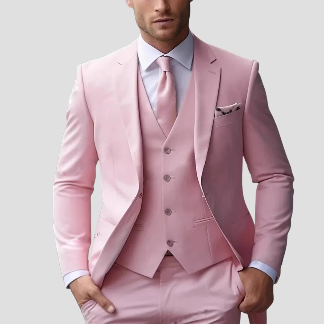 Cream men's three-piece slim fit tailored suit set. Elegant wedding outfit or sophisticated formal wear.