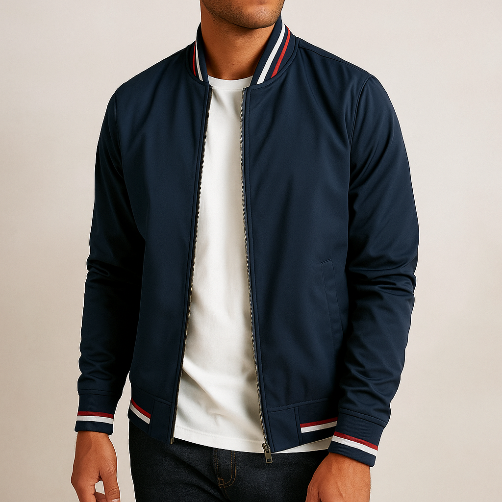 Modern men's zip bomber jacket with ribbed cuffs. Fashionable and windproof for a smart casual look.