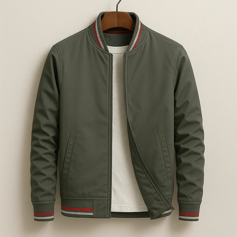 Trendy men's bomber jacket. Full zip front, windproof fabric, and ribbed cuffs for a sleek, modern fit.