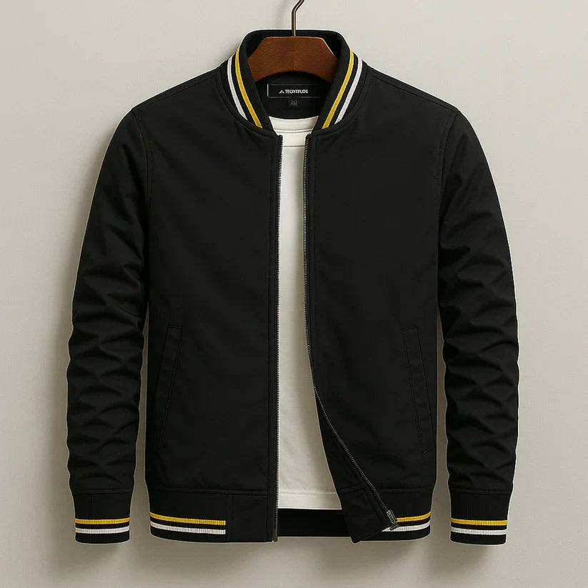Men's stylish bomber jacket featuring ribbed cuffs & hem. Windproof design for versatile smart casual wear.