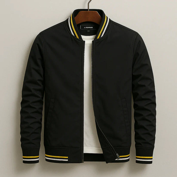 Men's stylish bomber jacket featuring ribbed cuffs & hem. Windproof design for versatile smart casual wear.