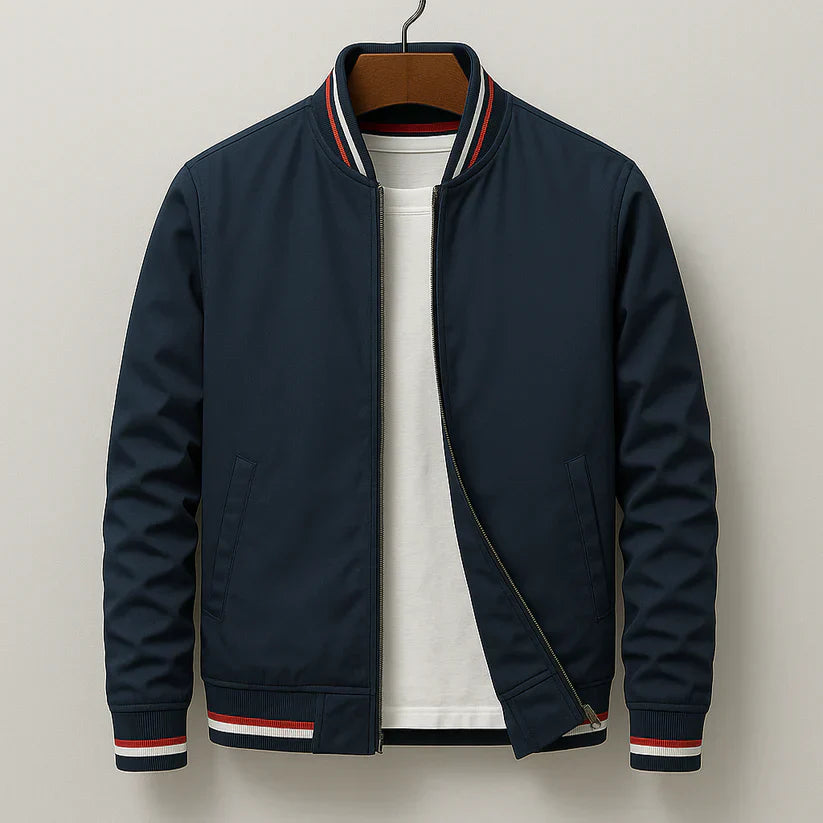 Windproof men's bomber jacket, a stylish piece of outerwear for spring & fall. Features ribbed cuffs.