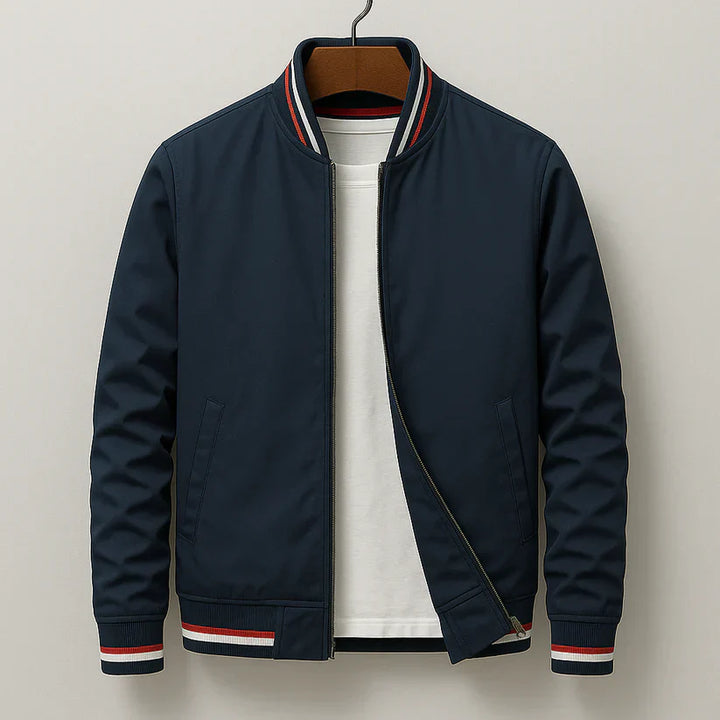 Windproof men's bomber jacket, a stylish piece of outerwear for spring & fall. Features ribbed cuffs.