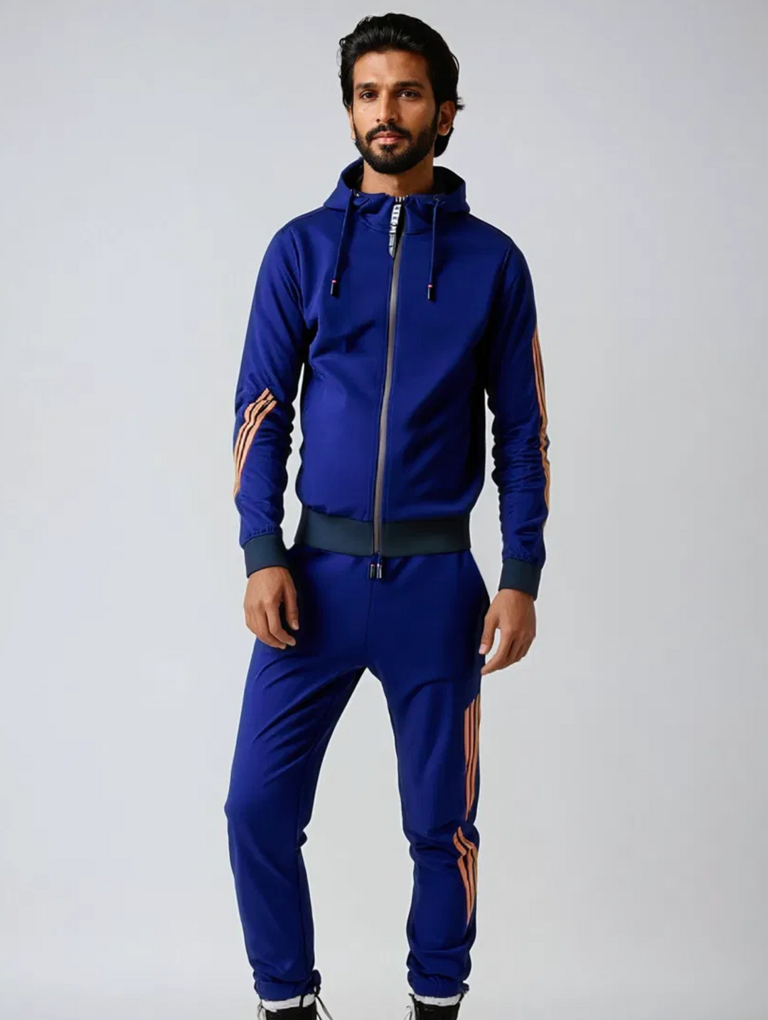 Men's two-piece striped zip hoodie tracksuit set with black and white stripes for a sporty look