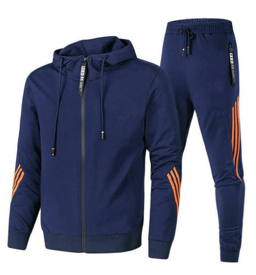 Sporty men's black and white striped zip hoodie and matching joggers track set, ideal for athleisure
