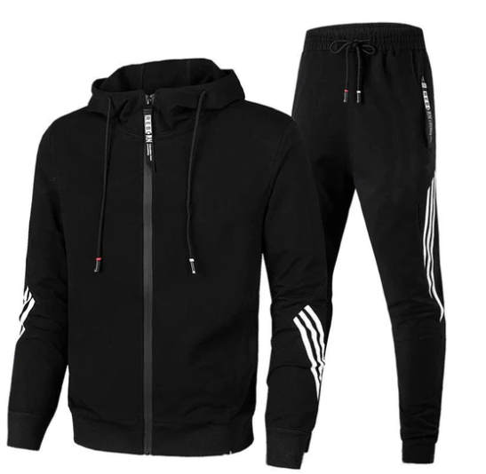 Men's athleisure tracksuit featuring a full-zip striped hoodie and comfortable matching jogger bottoms