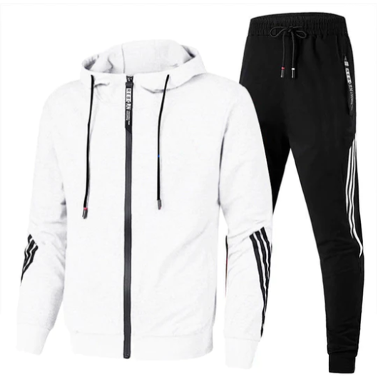 Front view of a men's black and white striped two-piece hoodie and jogger tracksuit set