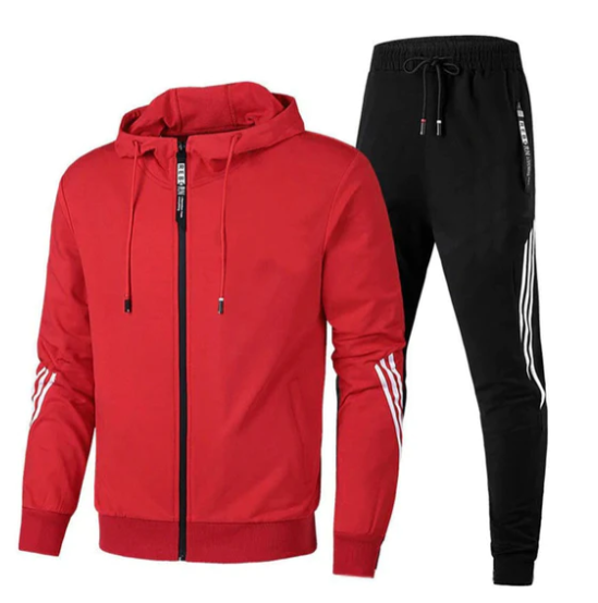 Close-up of the striped detail on a men's zip hoodie from a sporty two-piece tracksuit set