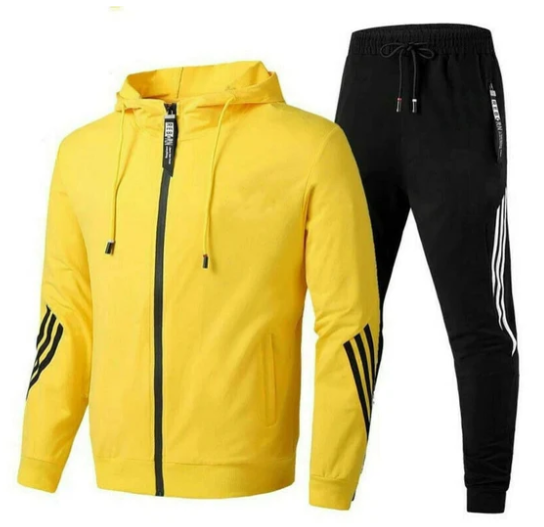 Complete men's striped zip hoodie and jogger tracksuit, perfect for a casual and athletic outfit