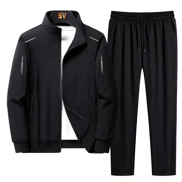 Men's two-piece tracksuit, modern zip-up jacket & joggers for athletic or casual wear, full view