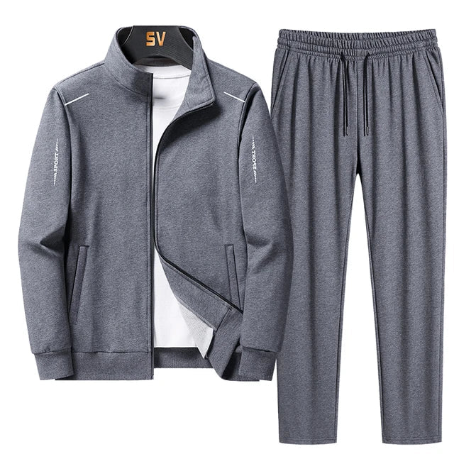Sleek men's sportswear tracksuit, zip-up top with modern lines and comfortable jogger pants