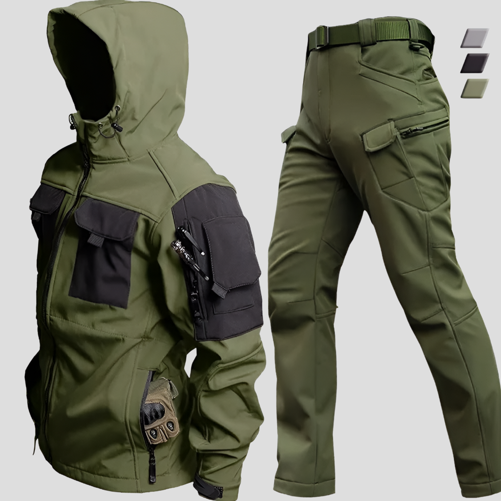 Men's Ultimate Outdoor Adventure Set: dark green softshell jacket & black pants for hiking and trekking.