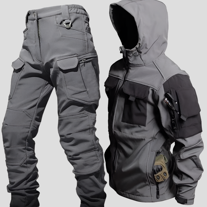 Weather-resistant men's ultimate outdoor adventure set, ideal for hiking, trekking, and activewear in dark green/black.
