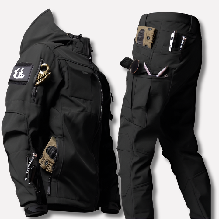 Men's versatile outdoor apparel: softshell jacket & durable pants in dark green/black, perfect for adventure.