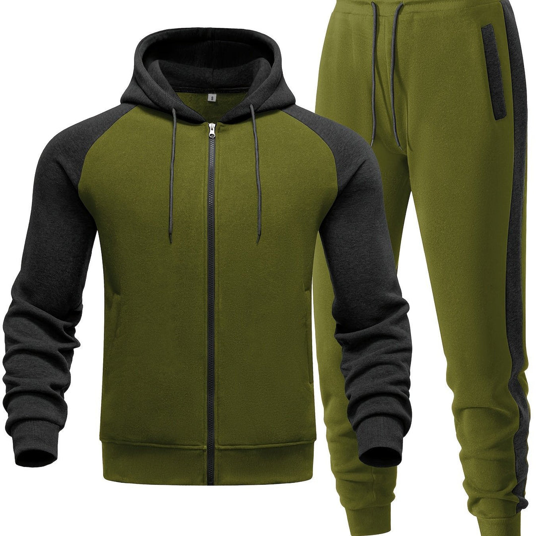 Comfortable men's patchwork hoodie & jogger set, perfect for activewear, loungewear, or street style.
